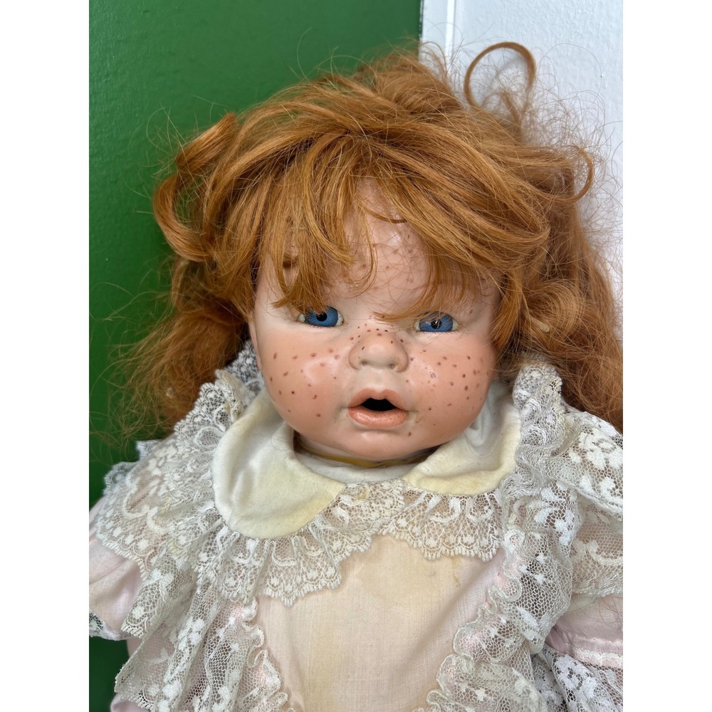 Vintage Porcelain Doll Red Hair Blue Eyes Freckles Pink Lace Dress Victorian - Picture 4 of 9